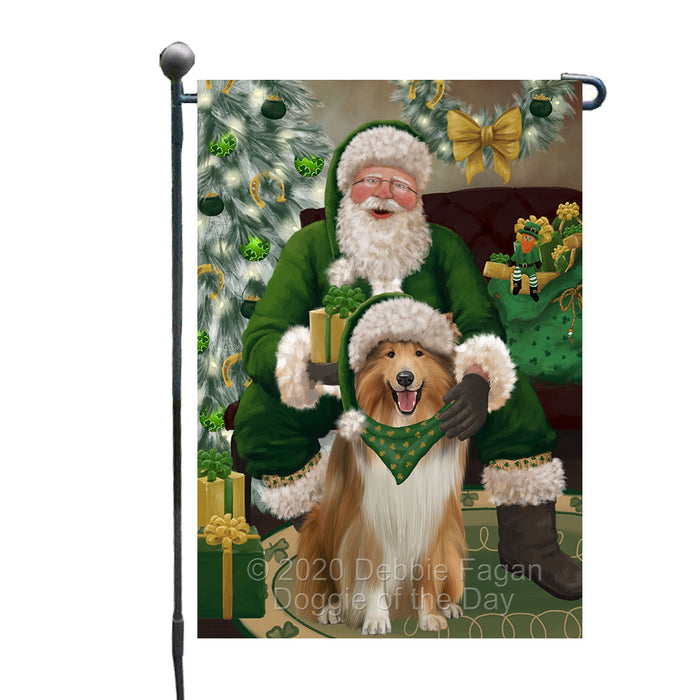 Christmas Irish Santa with Gift and Rough Collie Dog Garden Flag GFLG66677