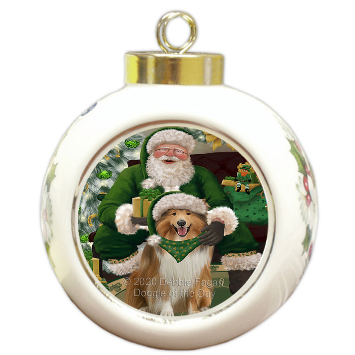 Christmas Irish Santa with Gift and Rough Collie Dog Round Ball Christmas Ornament RBPOR57961
