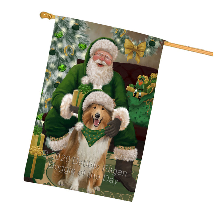 Christmas Irish Santa with Gift and Rough Collie Dog House Flag FLG66733