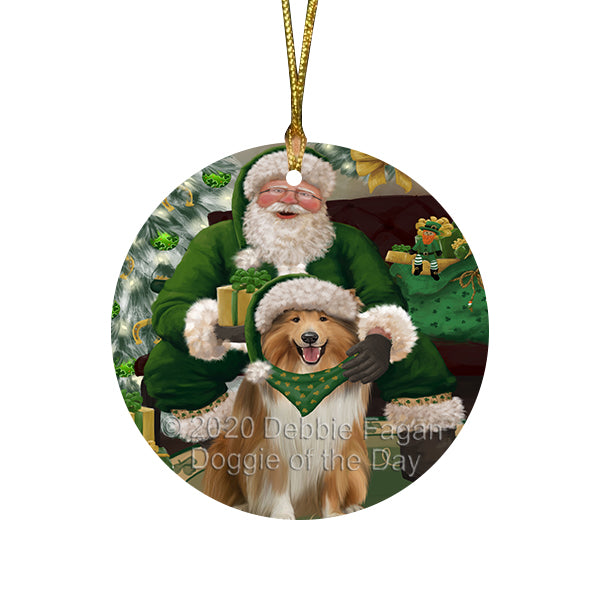 Christmas Irish Santa with Gift and Rat Terrier Dog Round Flat Christmas Ornament RFPOR57959