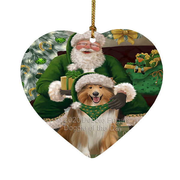 Christmas Irish Santa with Gift and Rough Collie Dog Heart Christmas Ornament RFPOR58303