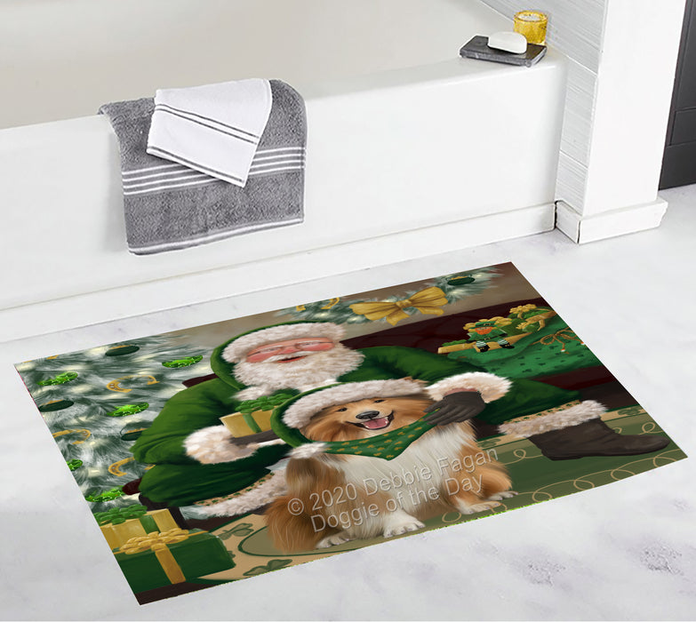 Christmas Irish Santa with Gift and Rough Collie Dog Bath Mat BRUG54139