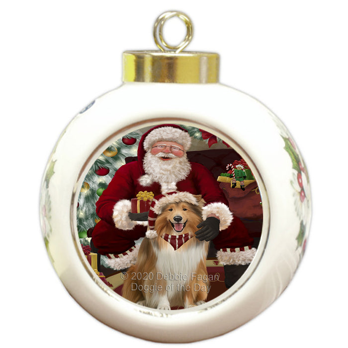 Santa's Christmas Surprise Rough Collie Dog Round Ball Christmas Ornament RBPOR58060