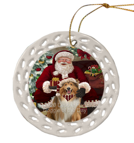 Santa's Christmas Surprise Rough Collie Dog Doily Ornament DPOR59622