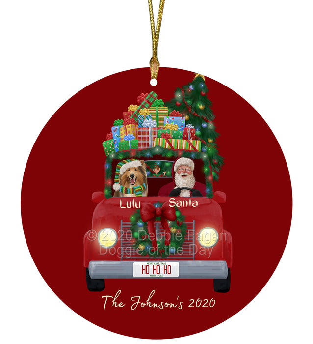 Personalized Christmas Honk Honk Red Truck Here Comes with Santa and Rough Collie Dog Round Flat Ornament PRBPOR59112