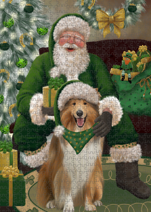Christmas Irish Santa with Gift and Rough Collie Dog Puzzle with Photo Tin PUZL100544