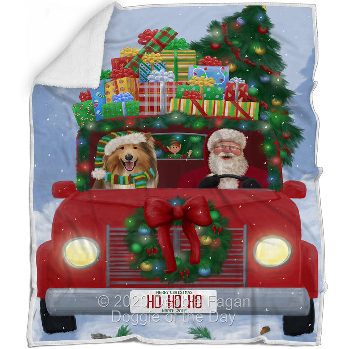 Christmas Honk Honk Red Truck Here Comes with Santa and Rough Collie Dog Blanket BLNKT141028