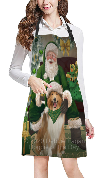 Christmas Irish Santa with Gift and Rough Collie Dog Apron Apron-48337