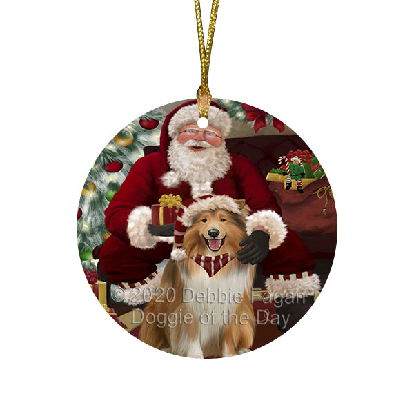 Santa's Christmas Surprise Rough Collie Dog Round Flat Christmas Ornament RFPOR58060