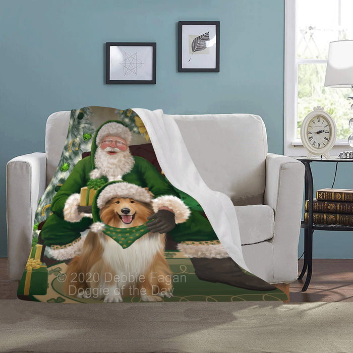 Christmas Irish Santa with Gift and Rough Collie Dog Blanket BLNKT141513