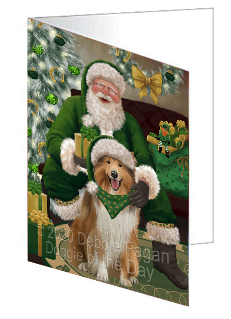Christmas Irish Santa with Gift and Rough Collie Dog Handmade Artwork Assorted Pets Greeting Cards and Note Cards with Envelopes for All Occasions and Holiday Seasons GCD75953