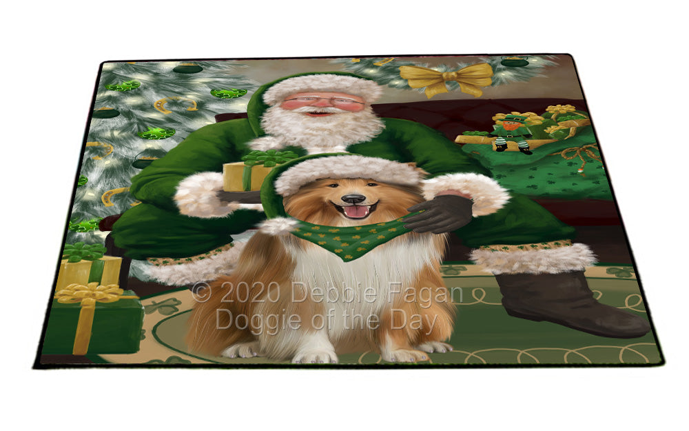 Christmas Irish Santa with Gift and Rough Collie Dog Indoor/Outdoor Welcome Floormat - Premium Quality Washable Anti-Slip Doormat Rug FLMS57256