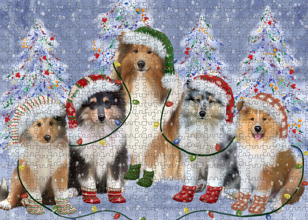 Christmas Lights and Rough Collie Dogs Portrait Jigsaw Puzzle for Adults Animal Interlocking Puzzle Game Unique Gift for Dog Lover's with Metal Tin Box