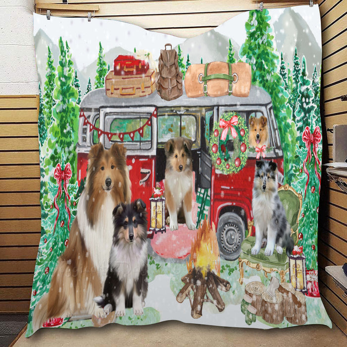 Christmas Time Camping with Rough Collie Dogs  Quilt Bed Coverlet Bedspread - Pets Comforter Unique One-side Animal Printing - Soft Lightweight Durable Washable Polyester Quilt