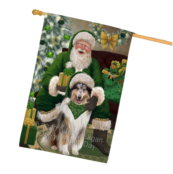 Christmas Irish Santa with Gift and Rough Collie Dog House Flag FLG66734