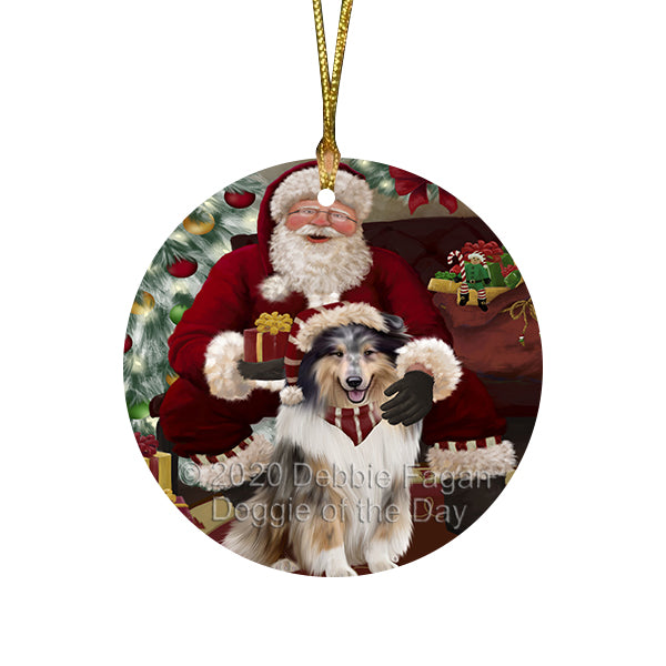 Santa's Christmas Surprise Rough Collie Dog Round Flat Christmas Ornament RFPOR58061