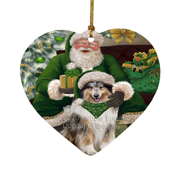 Christmas Irish Santa with Gift and Rough Collie Dog Heart Christmas Ornament RFPOR58304