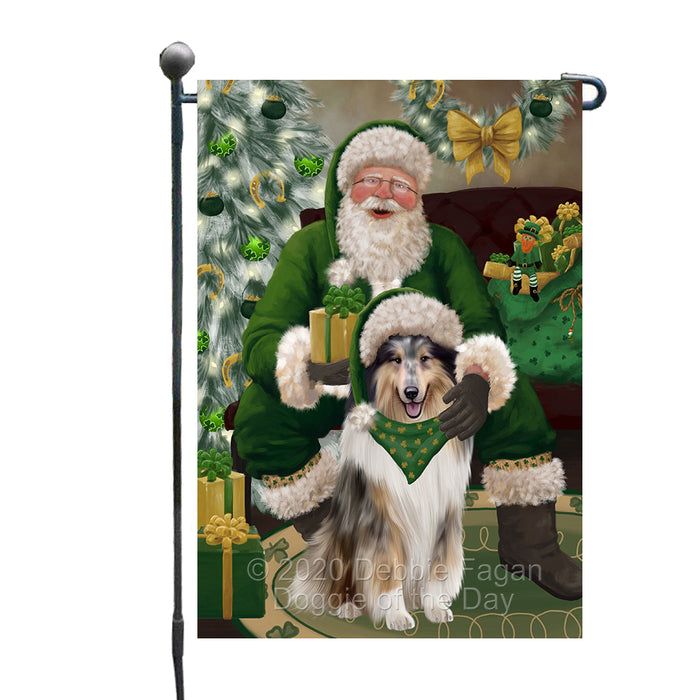 Christmas Irish Santa with Gift and Rough Collie Dog Garden Flag GFLG66678