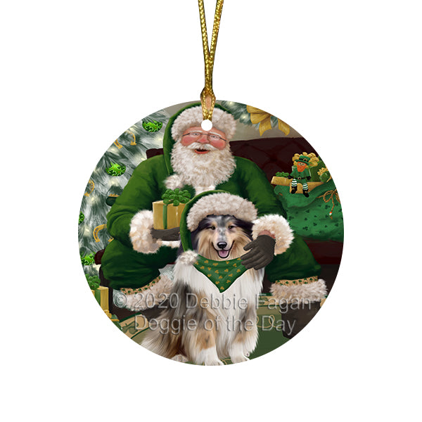 Christmas Irish Santa with Gift and Rottweiler Dog Round Flat Christmas Ornament RFPOR57960