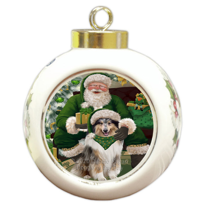 Christmas Irish Santa with Gift and Rough Collie Dog Round Ball Christmas Ornament RBPOR57962