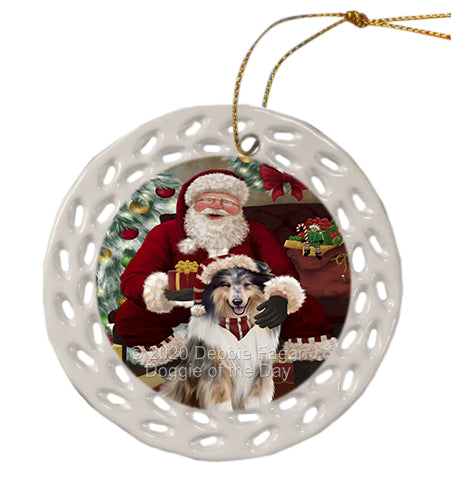 Santa's Christmas Surprise Rough Collie Dog Doily Ornament DPOR59623
