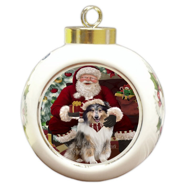Santa's Christmas Surprise Rough Collie Dog Round Ball Christmas Ornament RBPOR58061
