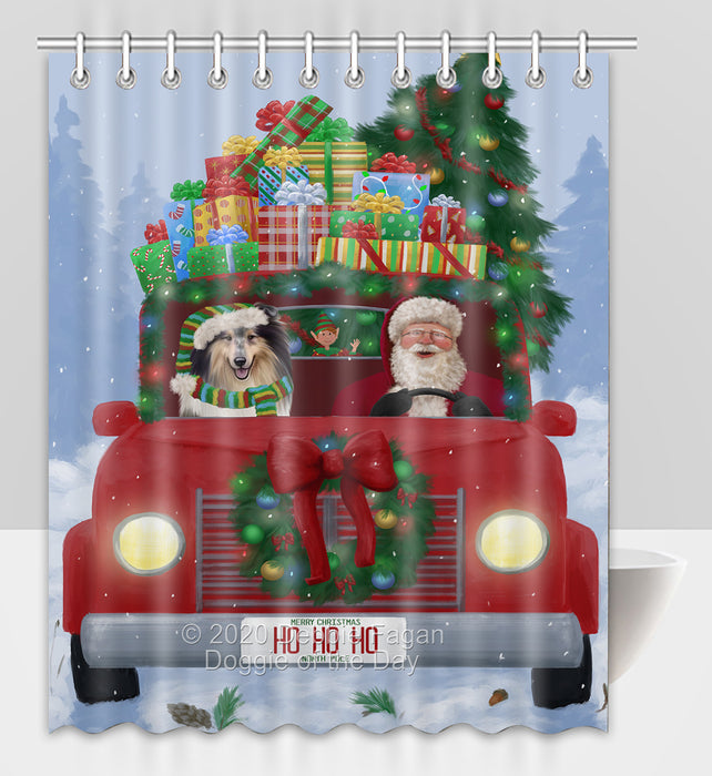 Christmas Honk Honk Red Truck Here Comes with Santa and Rough Collie Dog Shower Curtain Bathroom Accessories Decor Bath Tub Screens SC075
