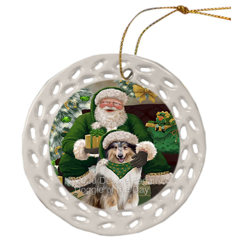 Christmas Irish Santa with Gift and Rough Collie Dog Doily Ornament DPOR59524