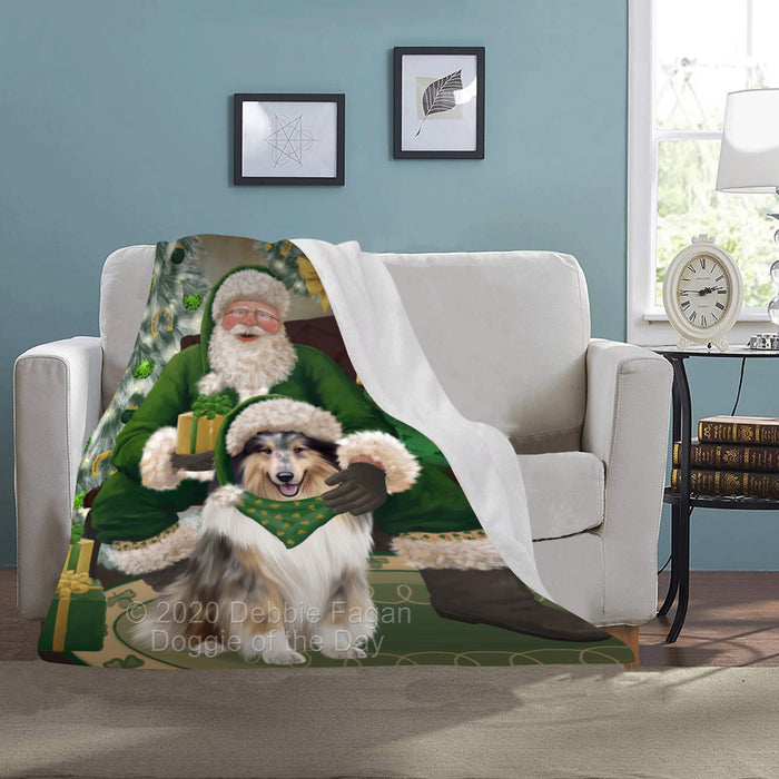 Christmas Irish Santa with Gift and Rough Collie Dog Blanket BLNKT141518
