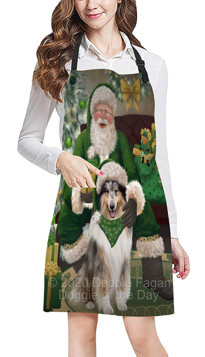 Christmas Irish Santa with Gift and Rough Collie Dog Apron Apron-48338