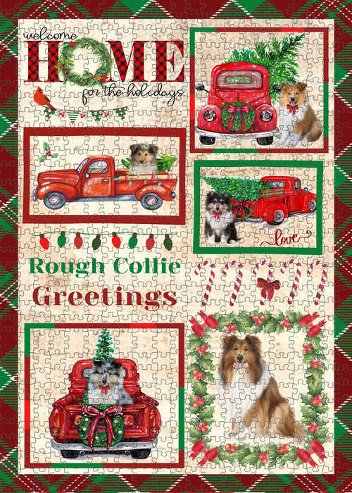 Welcome Home for Christmas Holidays Rough Collie Dogs Portrait Jigsaw Puzzle for Adults Animal Interlocking Puzzle Game Unique Gift for Dog Lover's with Metal Tin Box