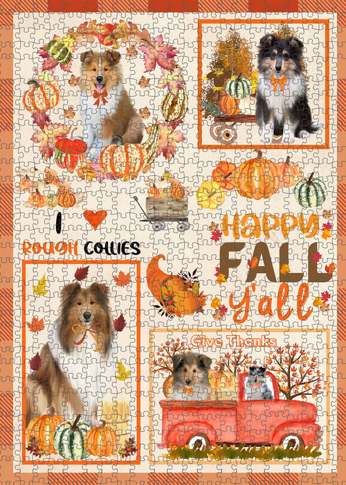 Happy Fall Y'all Pumpkin Rough Collie Dogs Portrait Jigsaw Puzzle for Adults Animal Interlocking Puzzle Game Unique Gift for Dog Lover's with Metal Tin Box