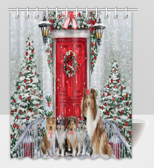 Christmas Holiday Welcome Rough Collie Dogs Shower Curtain Pet Painting Bathtub Curtain Waterproof Polyester One-Side Printing Decor Bath Tub Curtain for Bathroom with Hooks