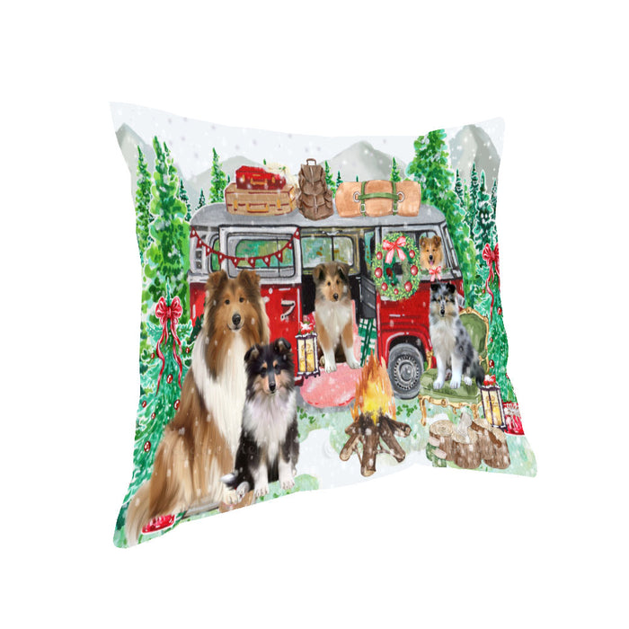 Christmas Time Camping with Rough Collie Dogs Pillow with Top Quality High-Resolution Images - Ultra Soft Pet Pillows for Sleeping - Reversible & Comfort - Ideal Gift for Dog Lover - Cushion for Sofa Couch Bed - 100% Polyester