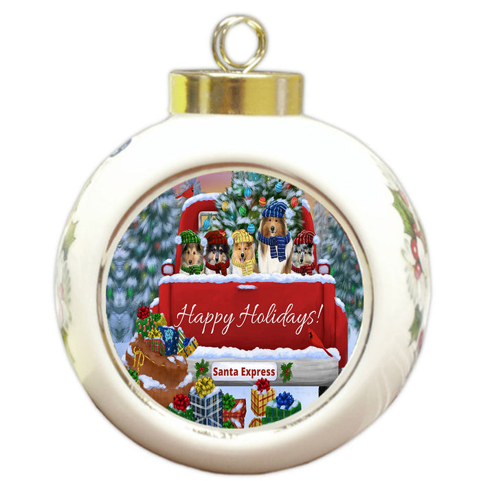 Christmas Red Truck Travlin Home for the Holidays Rough Collie Dogs Round Ball Christmas Ornament Pet Decorative Hanging Ornaments for Christmas X-mas Tree Decorations - 3" Round Ceramic Ornament