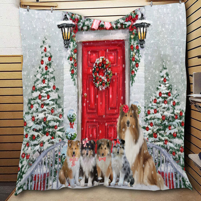 Christmas Holiday Welcome Rough Collie Dogs  Quilt Bed Coverlet Bedspread - Pets Comforter Unique One-side Animal Printing - Soft Lightweight Durable Washable Polyester Quilt