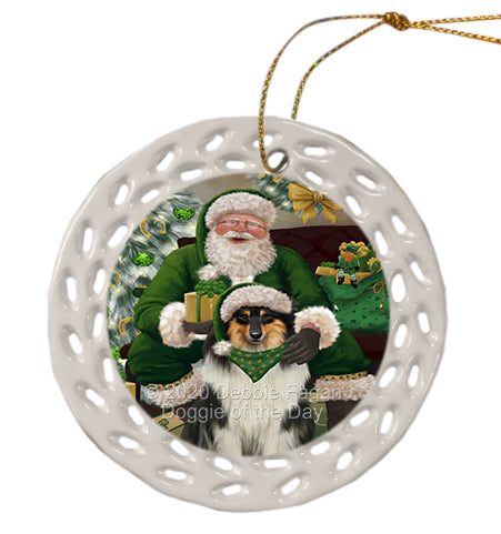Christmas Irish Santa with Gift and Rough Collie Dog Doily Ornament DPOR59525