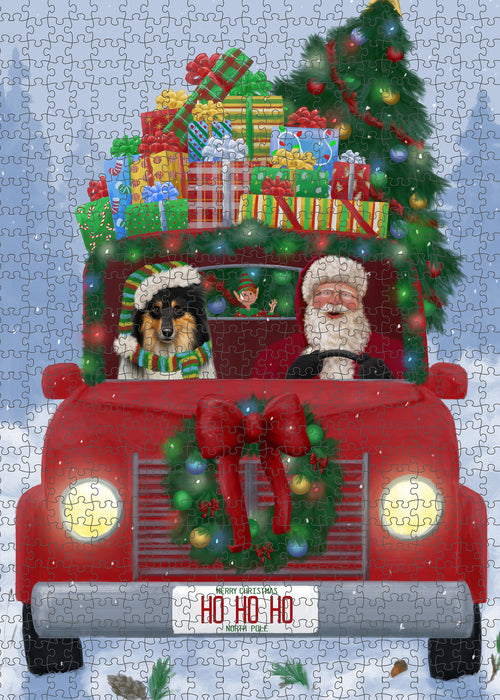 Christmas Honk Honk Red Truck Here Comes with Santa and Rough Collie Dog Puzzle with Photo Tin PUZL100164