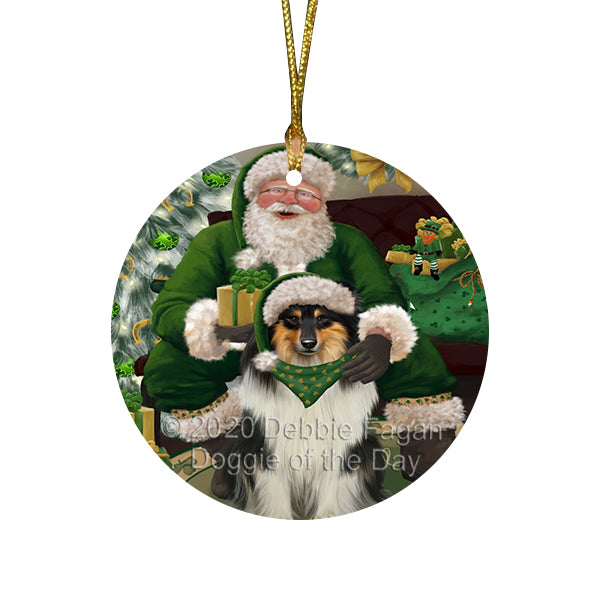 Christmas Irish Santa with Gift and Rough Collie Dog Round Flat Christmas Ornament RFPOR57961