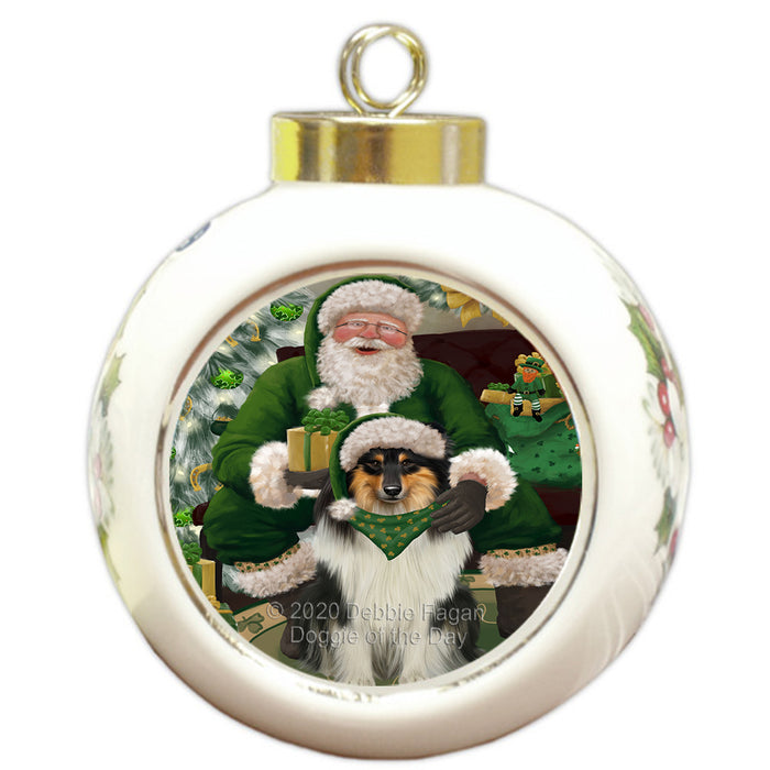 Christmas Irish Santa with Gift and Rough Collie Dog Round Ball Christmas Ornament RBPOR57963