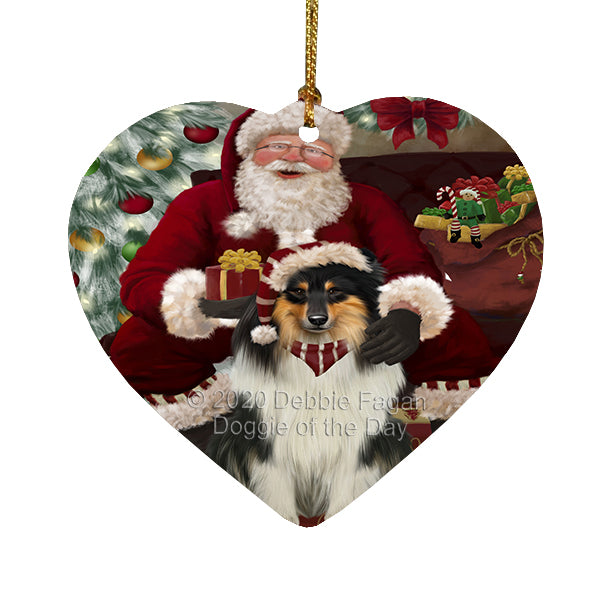 Santa's Christmas Surprise Rough Collie Dog Heart Christmas Ornament RFPOR58404