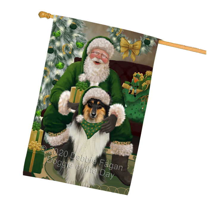 Christmas Irish Santa with Gift and Rough Collie Dog House Flag FLG66735