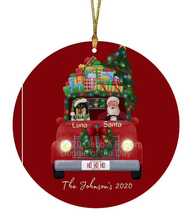Personalized Christmas Honk Honk Red Truck Here Comes with Santa and Rough Collie Dog Round Flat Ornament PRBPOR59114