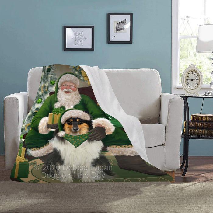 Christmas Irish Santa with Gift and Rough Collie Dog Blanket BLNKT141523