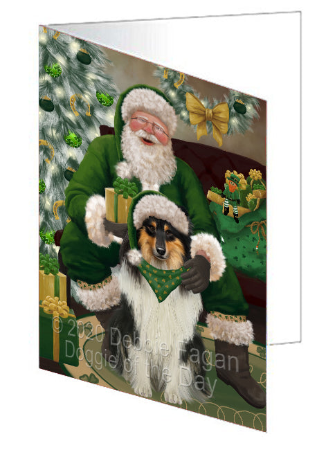 Christmas Irish Santa with Gift and Rough Collie Dog Handmade Artwork Assorted Pets Greeting Cards and Note Cards with Envelopes for All Occasions and Holiday Seasons GCD75959