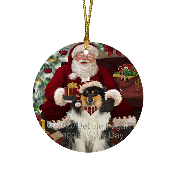 Santa's Christmas Surprise Rough Collie Dog Round Flat Christmas Ornament RFPOR58062