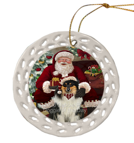 Santa's Christmas Surprise Rough Collie Dog Doily Ornament DPOR59624