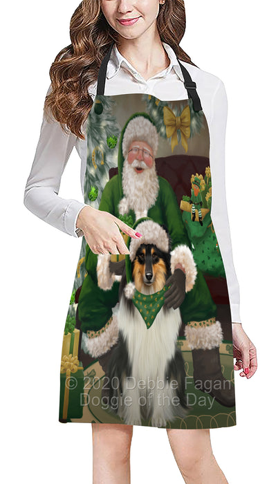 Christmas Irish Santa with Gift and Rough Collie Dog Apron Apron-48339