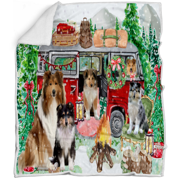 Christmas Time Camping with Rough Collie Dogs Blanket - Lightweight Soft Cozy and Durable Bed Blanket - Animal Theme Fuzzy Blanket for Sofa Couch