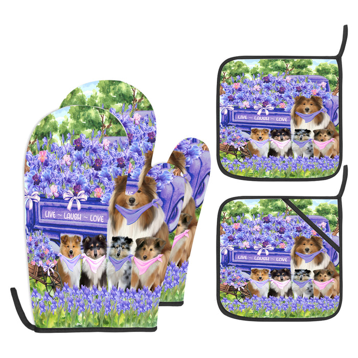 Rough Collie Oven Mitts and Pot Holder Set, Explore a Variety of Personalized Designs, Custom, Kitchen Gloves for Cooking with Potholders, Pet and Dog Gift Lovers